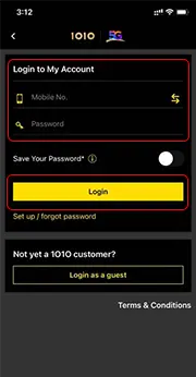 Enter mobile number, password. Tap “Login”